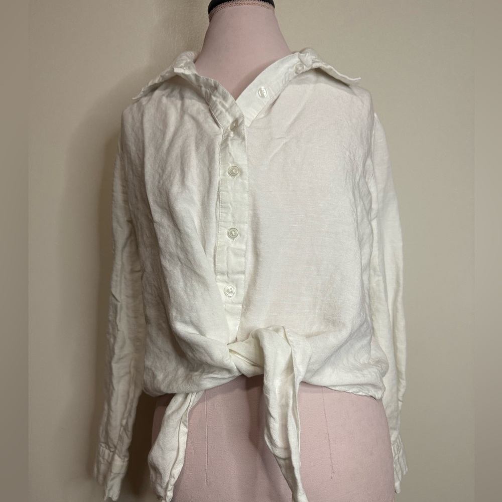 Boston Proper Linen Blend Women's White Button-Up front tie top size medium